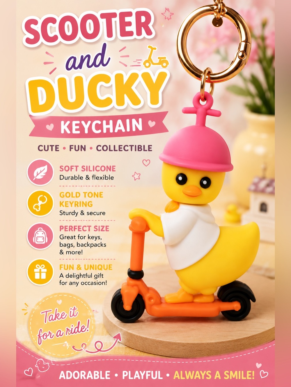 Cute Yellow Duck Silicone Keychain with Pink Hat